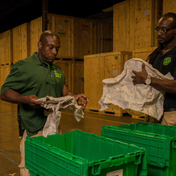 Safely packing items into the eco-crammer boxes at The Green Truck Moving & Storage Company